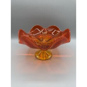 Viking Glass Large Pedestal Bowl Six Petal Design Orange Medium 7” MCM Vintage